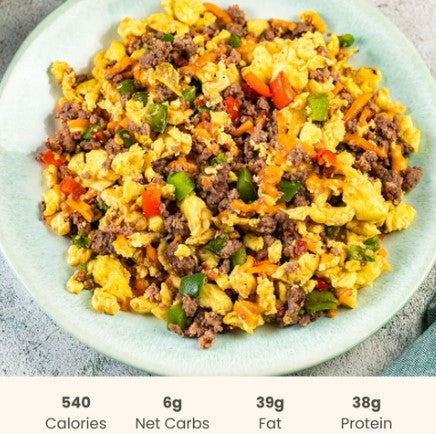 Breakfast Scramble with Crumbled Beef and Cheddar